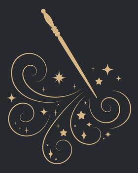 Golden magic wand illustration with sparkling stars and decorative swirls on dark background. Elegant fantasy design, mystical element for fairy tale, wizard, witchcraft, magical artwork vector