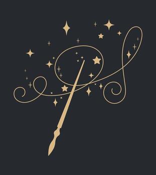 Magic wand with sparkling golden stars and elegant swirls on dark background. Enchanted fantasy illustration symbolizing magic, fairytale, creativity, wonder, imagination, charm and mystical power vector