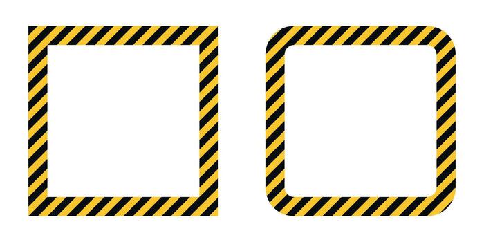 Warning frame set with black and yellow diagonal caution stripes. Hazard square borders with sharp and rounded corners. Safety sign template for construction, danger, restriction, security vector