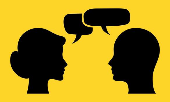 Silhouette of man and woman faces with speech bubbles on yellow background. Concept of communication, dialogue, talking, discussion, conversation, relationship, social interaction, psychology teamwork vector