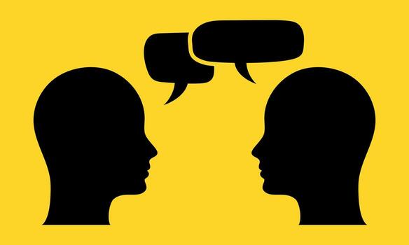 Silhouette of two human heads facing each other with speech bubbles on yellow background. Concept of communication, dialogue, discussion, conversation, social interaction, teamwork, language exchange vector