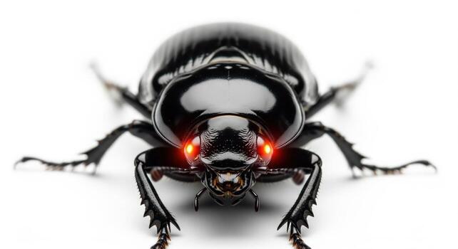Black Beetle with Glowing Red Eyes on White Background photo