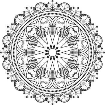 This elegant black and white mandala design features intricate patterns and detailed floral elements arranged in concentric circles. vector