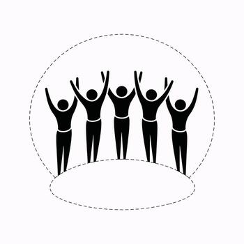 Five Black Stick Figures With Raised Arms In Circle On White Keywords people, group, unity, teamwork vector