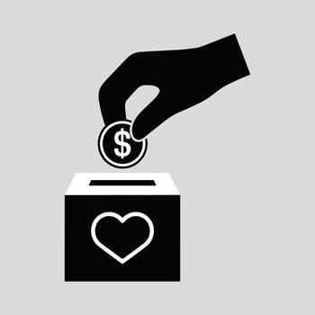 Silhouette of hand dropping coin into donation box with heart icon Keywords donate, donation, giving vector