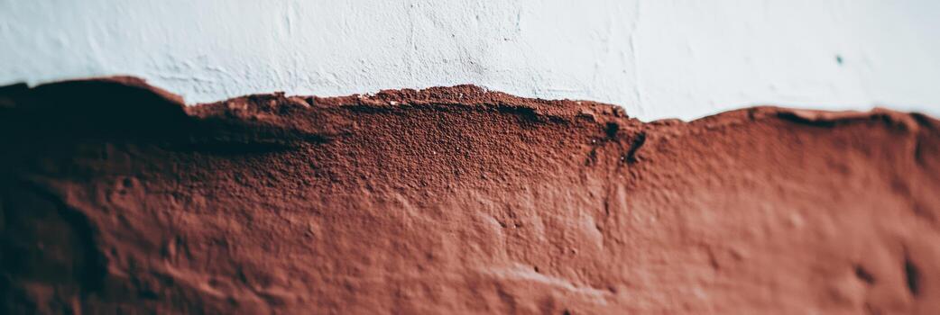 Close view of textured wall with red clay and white paint in natural light photo