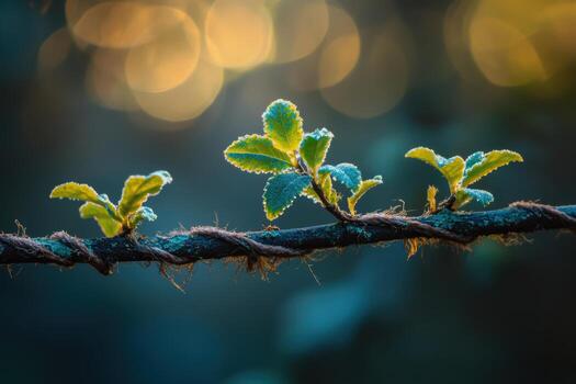 Fresh green leaves growing on a twisted branch in soft morning light photo