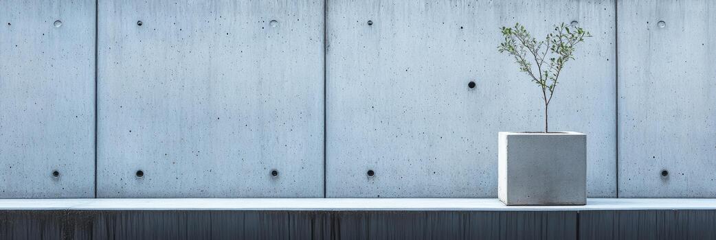 Modern concrete wall with a small tree in a pot on a shelf photo