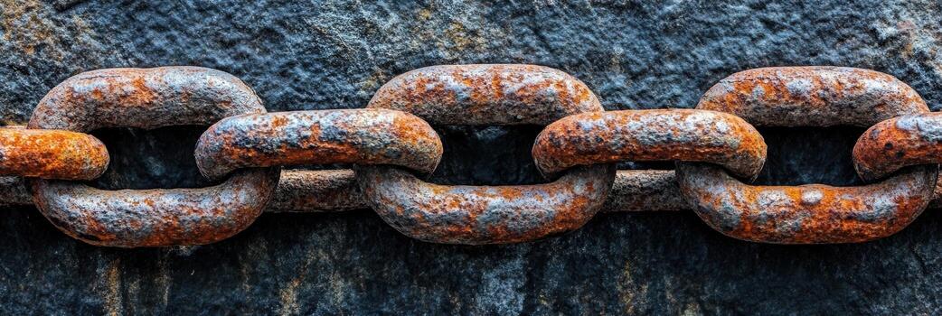 Rusty chain links against a textured surface in a close-up view photo