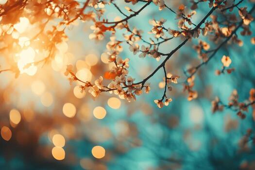 Spring blossoms glow softly in warm evening light against a blue background photo