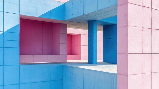 Colorful blue and pink geometric architecture in an urban setting photo