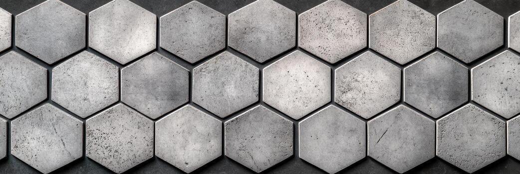Hexagonal concrete tiles arranged on a textured surface in creative pattern photo