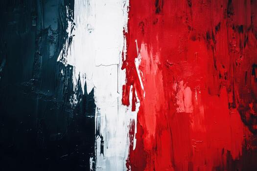 A dynamic abstract artwork features bold strokes of black, white, and red paint photo