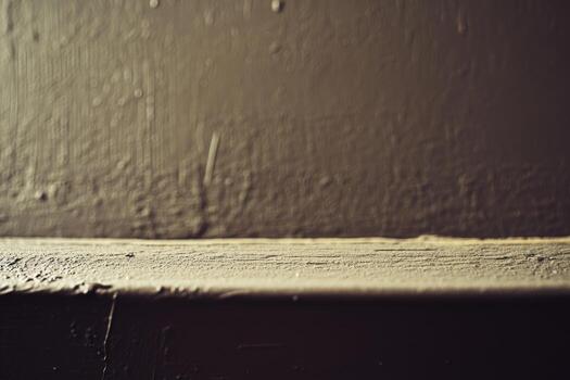 Texture of a dark wall and wooden shelf illuminated by soft light photo