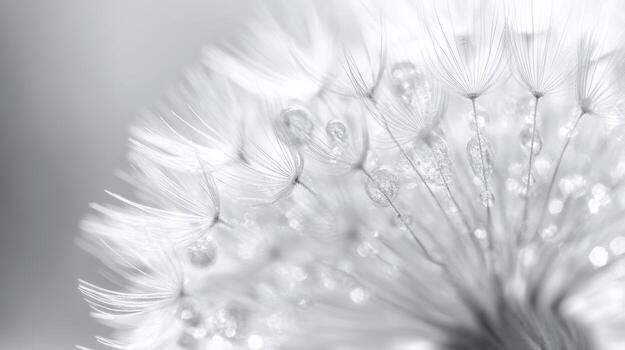 de cerca ver de un diente de león semilla cabeza con gotas de agua en suave ligero foto