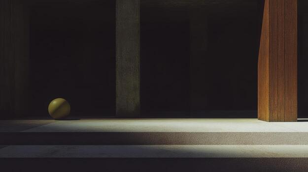 Light and shadow interplay in an empty architectural space with a ball photo