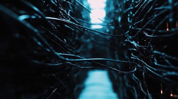 Wires interconnected in a dark space creating a maze of technology photo