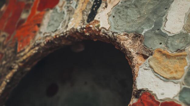 Close view of textured wall surface with colorful paint layers and a hole photo