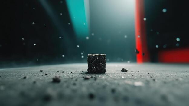 Floating black cube in a dark space with colorful lights and dust particles photo