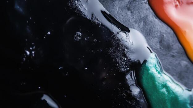 Colorful paint swirls on a black surface creating an abstract art piece photo