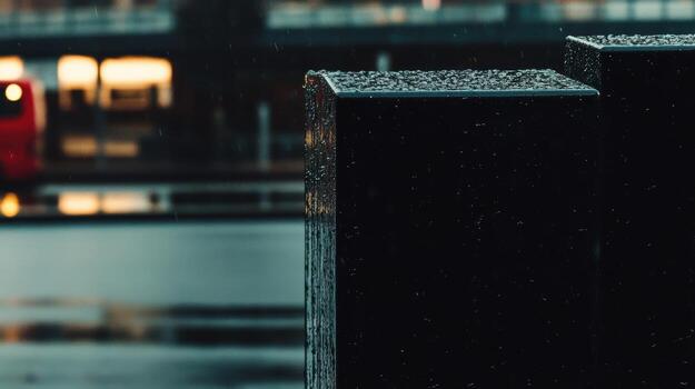 Rain falls on urban structure during twilight in a busy city photo