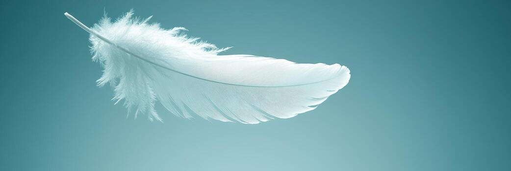 A white feather floating in the air on a blue background photo