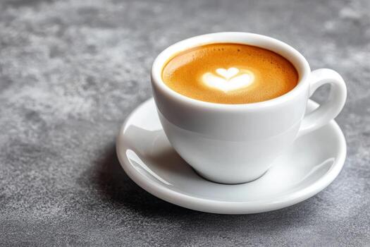 A cup of coffee with a heart-shaped latte art on a gray background photo