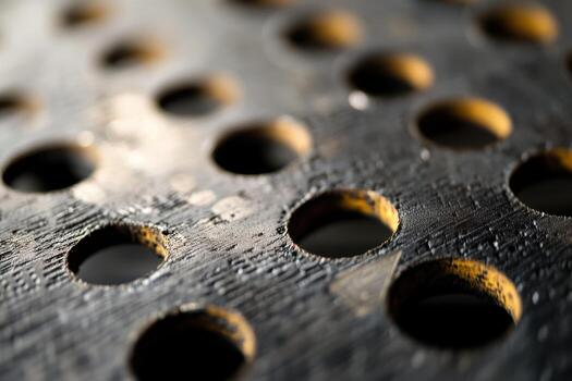Textured black surface with round holes creating a unique pattern photo