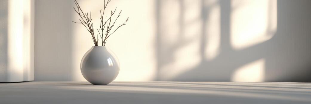 Minimalist decor featuring a white vase with branches in soft light photo