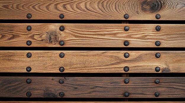 Wooden planks with metal fasteners create a textured surface design photo