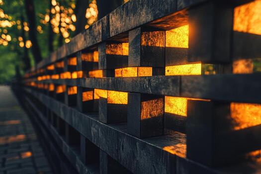 Sunlight shines through wooden fence slats in a peaceful park setting photo