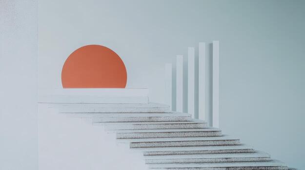 Modern staircase leading to an orange circular design against a light backdrop photo