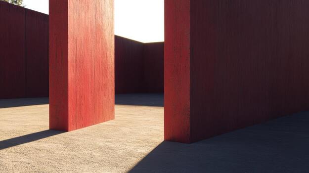 Bright red columns create a striking contrast against the tan ground at sunset photo