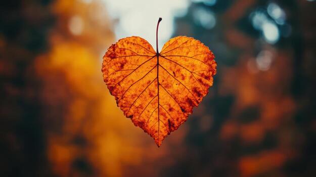Unique heart-shaped leaf hanging against a colorful autumn background photo