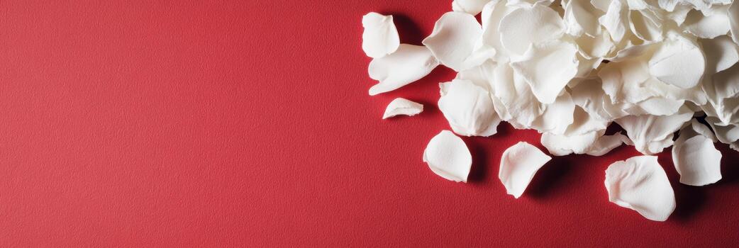 White rose petals scattered on a red surface creating a romantic atmosphere photo