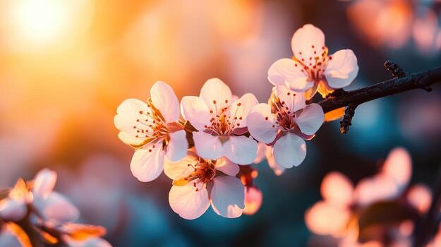 Cereza flores floración durante atardecer, creando un vistoso escena en primavera foto