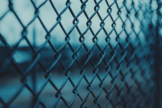 Chain link fence stands against a cloudy sky at dusk near a park photo