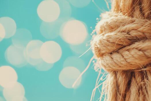 Knotted rope against a shimmering blue background at a seaside location photo