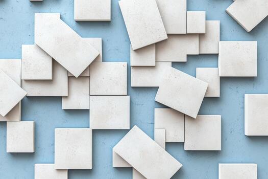 White rectangular blocks scattered on a blue surface create a modern design photo