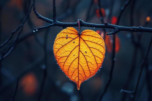 Heart-shaped autumn leaf hangs delicately on a branch in a serene forest photo
