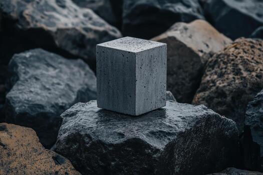 Unique gray cube placed on rough, textured rocks at a coastal location photo