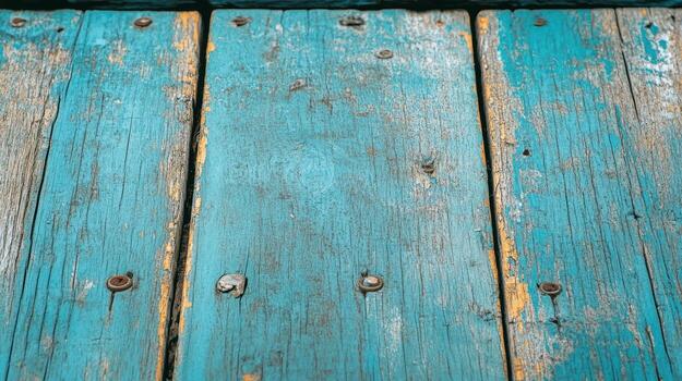 Weathered wooden planks with turquoise paint in rustic setting photo
