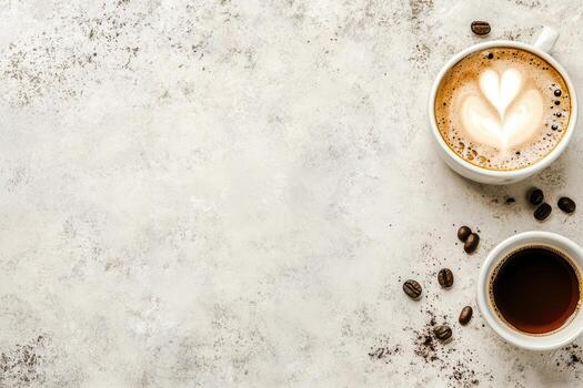 Delicious coffee with latte art and espresso on a textured background photo