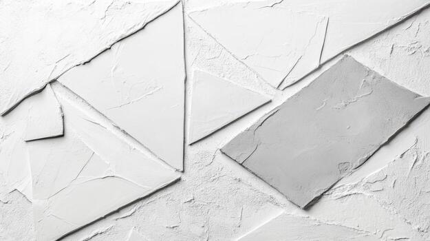 Dynamic arrangement of textured white plaster shapes on a wall photo