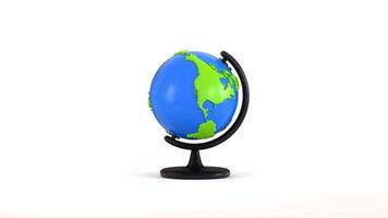 global Karta med stå animering 3d framställa begrepp av tabell jord klot Karta animering på grön planet, planet jord modell spinning, klot värld Karta animation, skola leveranser ikon animering video