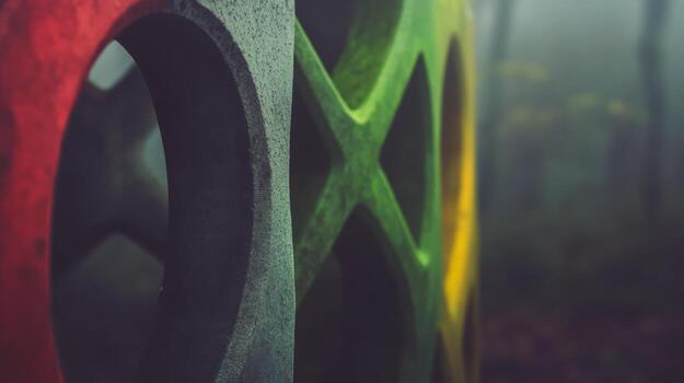 Colorful abstract shapes in a misty forest setting during the early morning photo