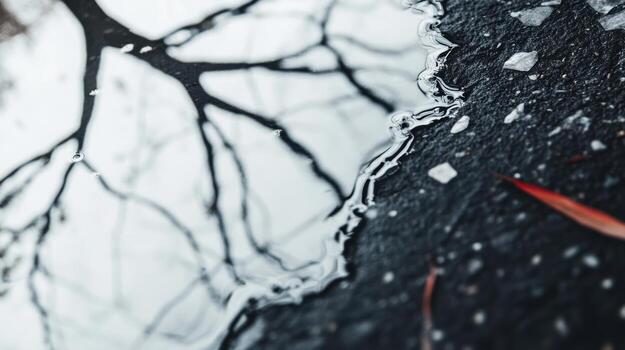 Water reflecting bare trees and fallen leaves on a cold day photo