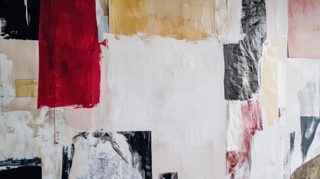 Colorful abstract wall art in a modern space with varied textures and tones photo