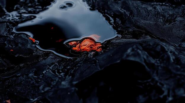 Lava pooling in dark volcanic rock under a cloudy sky photo