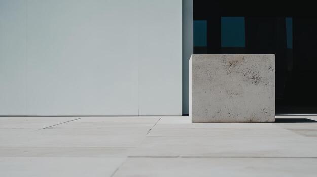 Minimalist concrete block on smooth pavement outside modern building photo